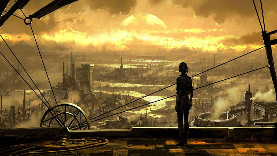 person facing buildings painting, steampunk, old HD wallpaper