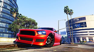 red coupe, Grand Theft Auto V, car, building, video games