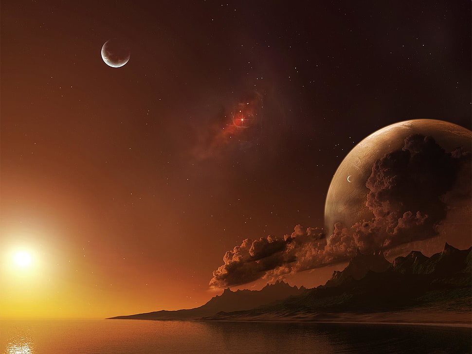 mountain silhouette, space, coast, stars, clouds HD wallpaper