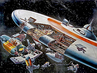 white and orange spaceship illustration, science fiction, artwork, retro science fiction