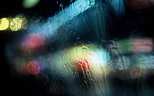 clear glass panel, rain, window, lights, traffic lights