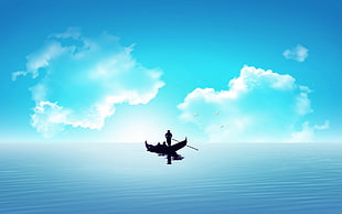 illustration of person riding boat, sea, boat