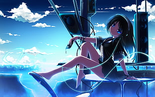 black haired female anime character sitting on table