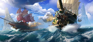 two boats on sea painting, fantasy art, artwork, sailing ship, ship HD wallpaper