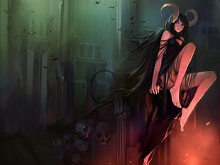 long black haired woman with horns game character illustration