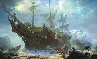 Pirate ship landing on seashore painting