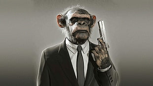 primate wearing black suit jacket holding gray semi-automatic pistol