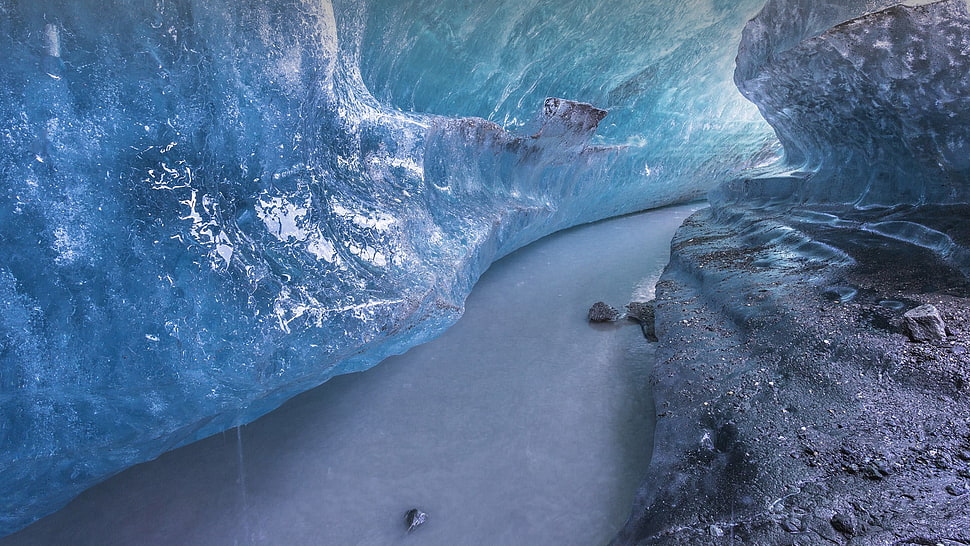 lake between rock, cave, ice, river, cold HD wallpaper
