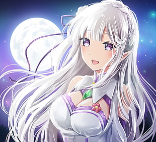 female anime character, Re:Zero Kara Hajimeru Isekai Seikatsu, Emilia (Re: Zero), cleavage, pointed ears HD wallpaper