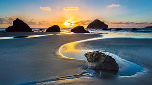 rock formations between sand and sea, sunset, rock, beach, sea