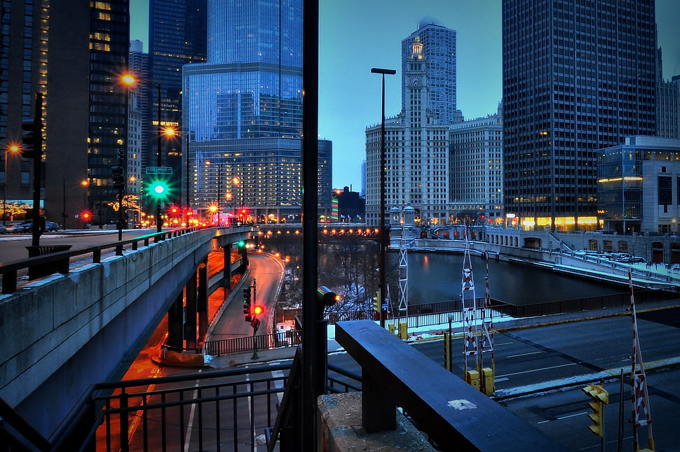 black steel fence, Chicago, urban, city, road HD wallpaper