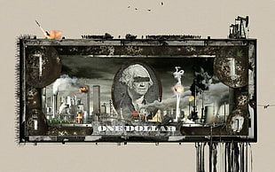 painting of 1 US dollar banknote, dollars, war, money, apocalyptic