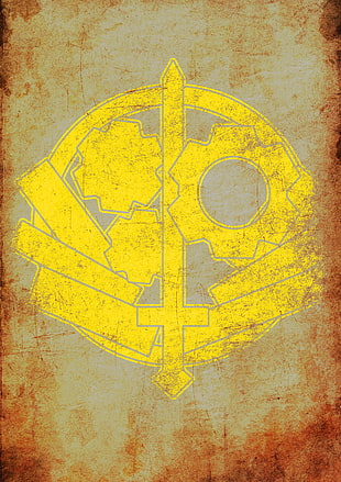 yellow sword and gear logo, Fallout, fan art, Brotherhood of Steel, grunge