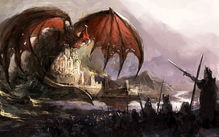 dragon illustration, dragon, castle