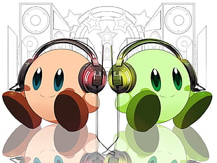 two green and brown animation illustration, Kirby, video games, headphones