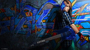 blue electric guitar, graffiti, artwork, headphones, guitar