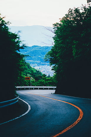 gray asphalt road, Turn, Road, Mountains