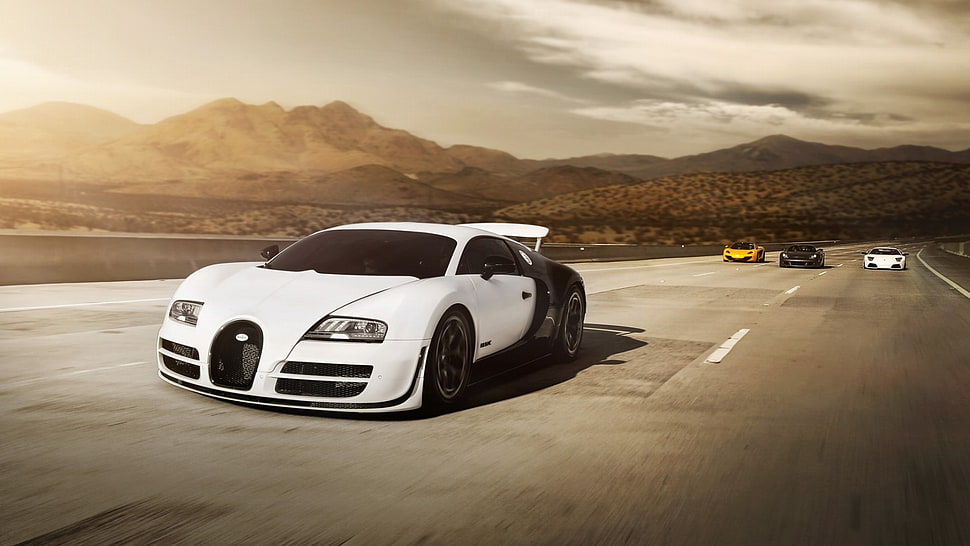 white and black car bed frame, car, Bugatti Veyron, McLaren MP4-12C, Porsche Carrera GT HD wallpaper