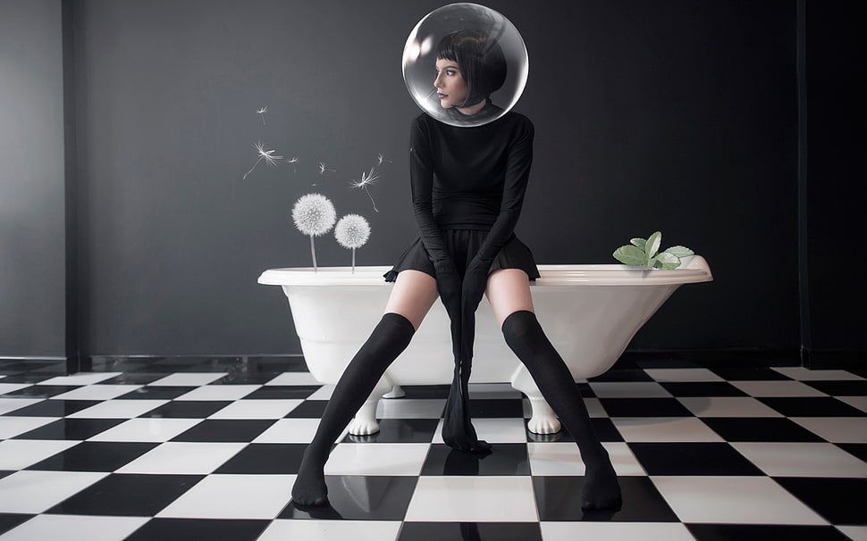 woman in black long-sleeved dress sitting on bathtub HD wallpaper