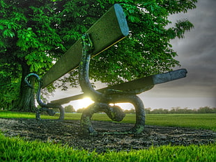 grey bench on green grass field under green tree