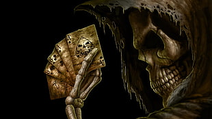 skeleton holding playing cards illustration, death, cards, skull, Grim Reaper HD wallpaper