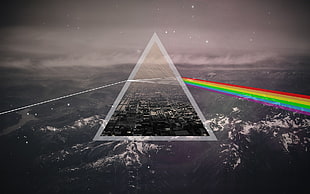black and white wooden table, Pink Floyd, The Dark Side of the Moon, triangle, mountains