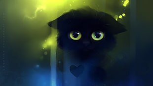 short-fur black kitten, cat, Apofiss, artwork, fantasy art