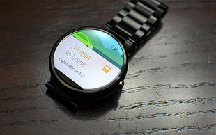 round black smartwatch with link bracelet, photography, moto 360