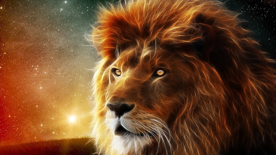 lion illustration, Fractalius, lion, stars, big cats HD wallpaper