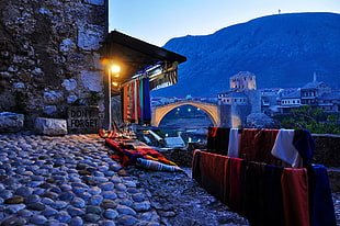 red textile, Mostar, Bosnia and Herzegovina, old bridge, bridge