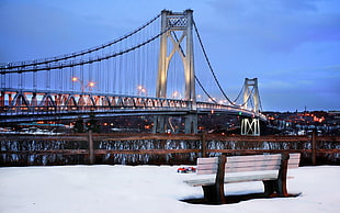 white wooden bench, bridge, bench, New York City, city