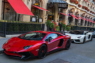 two Lamborghini cars on street during daytime