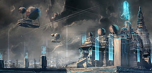 futuristic city with holographic display wallpaper, futuristic, blue, temple, city