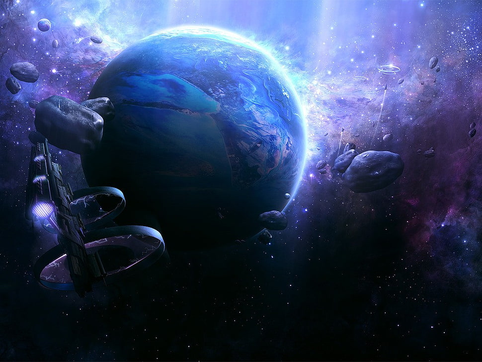 blue planet illustration, digital art, spaceship, space, planet HD wallpaper