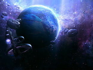 blue planet illustration, digital art, spaceship, space, planet