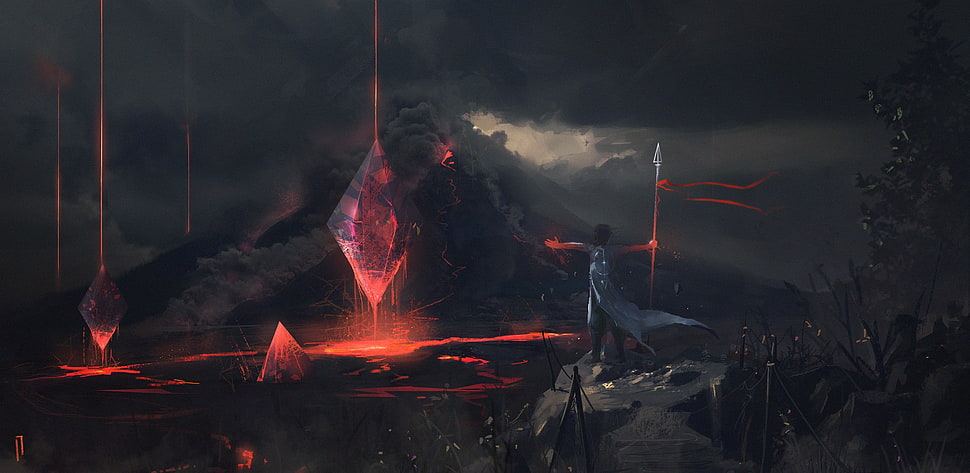game application wallpaper, artwork, volcano HD wallpaper