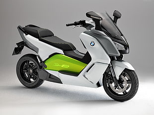 white and green BMW motorcycle