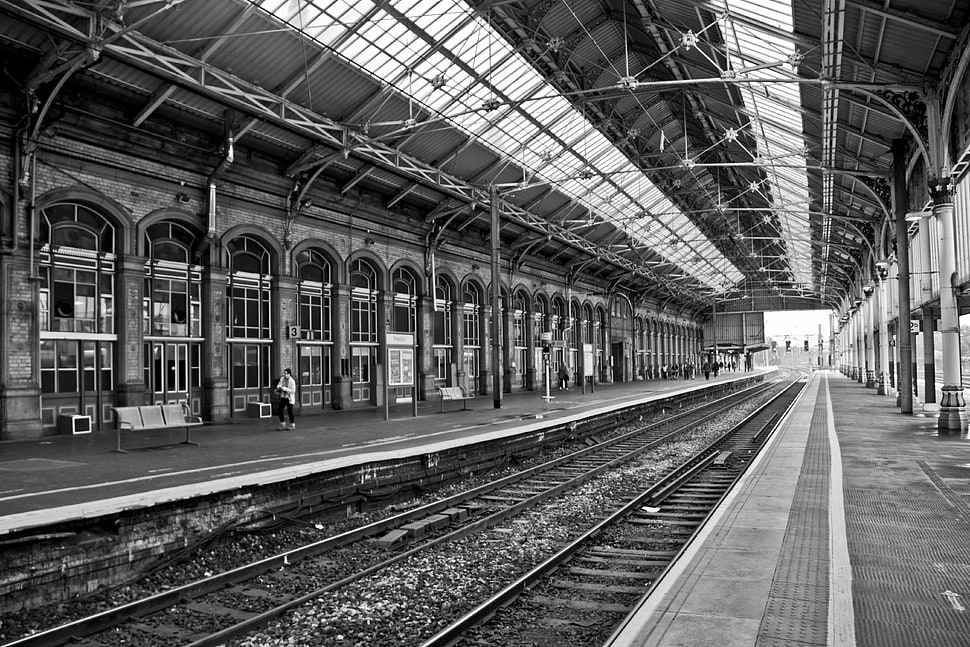 grayscale photo of train railing, monochrome, railway, architecture, old building HD wallpaper
