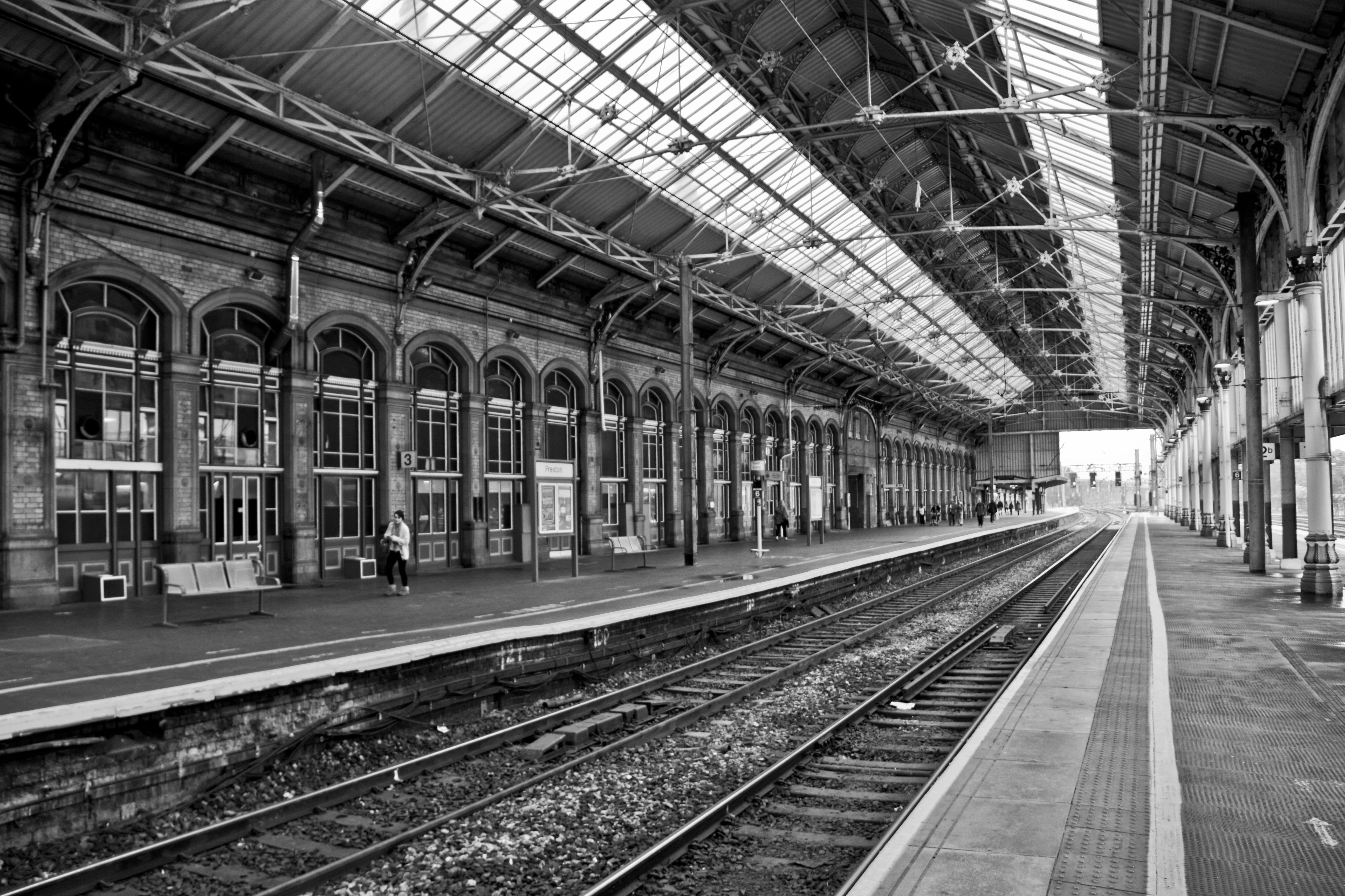 grayscale photo of train railing, monochrome, railway, architecture, old building