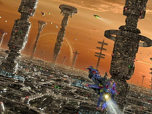 3D gameplay display, futuristic city, digital art, science fiction