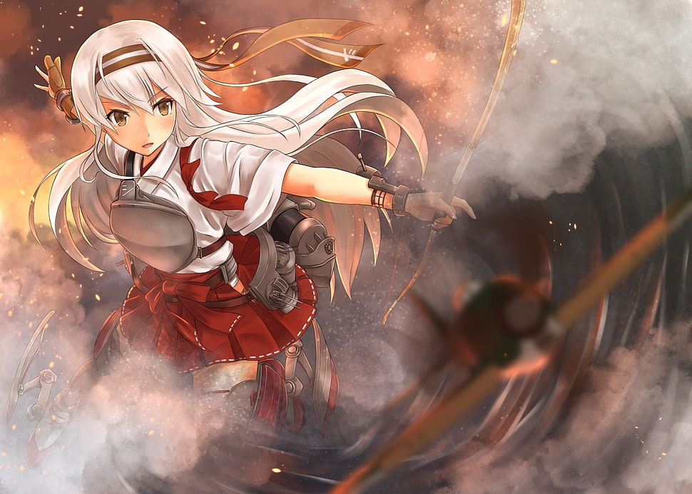 gray haired female anime character illustration, Kantai Collection, Shoukaku (KanColle), bow and arrow, skirt HD wallpaper