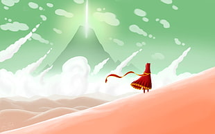 person wearing red cape near desert illustration, fantasy art, red dress, video games, Journey (game)