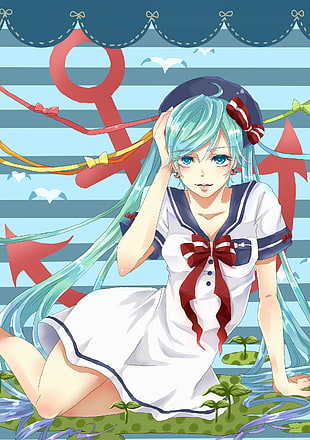 female anime character in white and blue uniform