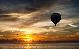 black hot air balloon, landscape, sunset, hot air balloons, sunlight HD wallpaper