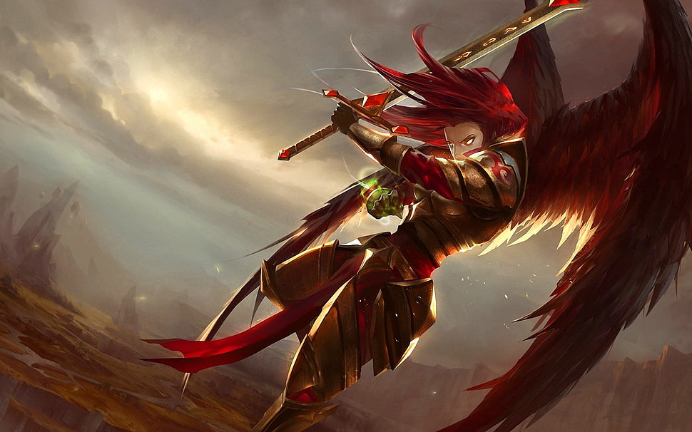 Mobile Legends angel holding sword wearing red armor digital wallpaper, Kayle, League of Legends, redhead, wings HD wallpaper