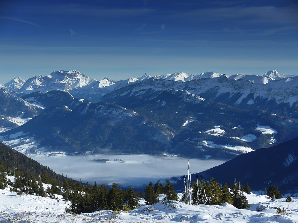 birds eye view photography of snowy mountain during sunrise HD wallpaper