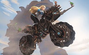 brown-haired female character riding on motorcycle illustration, WLOP, Zelda, The Legend of Zelda, artwork
