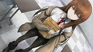 brown haired anime character wearing white and brown school uniform digital wallpaper
