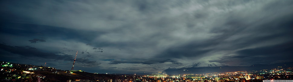 dark sky, cityscape, volcano, night, panorama HD wallpaper