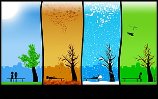 multicolored trees collage illustration, seasons, life, time